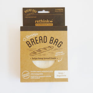 rethink bread bag, reusable, organic cotton, biodegradable long baguette bag or block loaf bag
